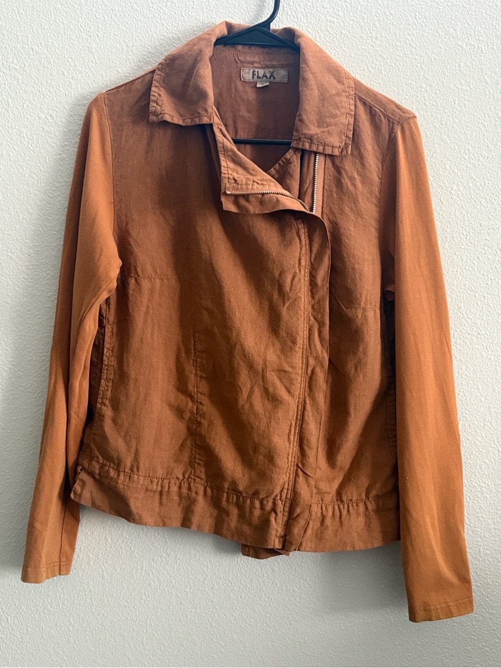 FLAX Linen Jacket Brown Caramel Zip Front Lightweight Utility Jacket Size P